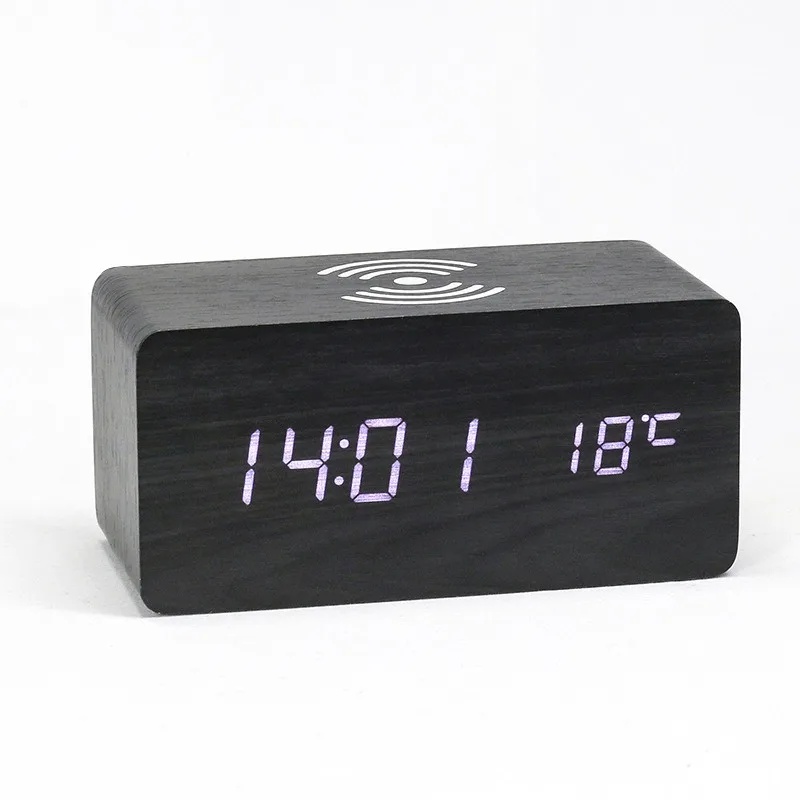 Temperature and humidity clock Wooden smart alarm clock Bedroom mobile phone wireless charging Wood clock