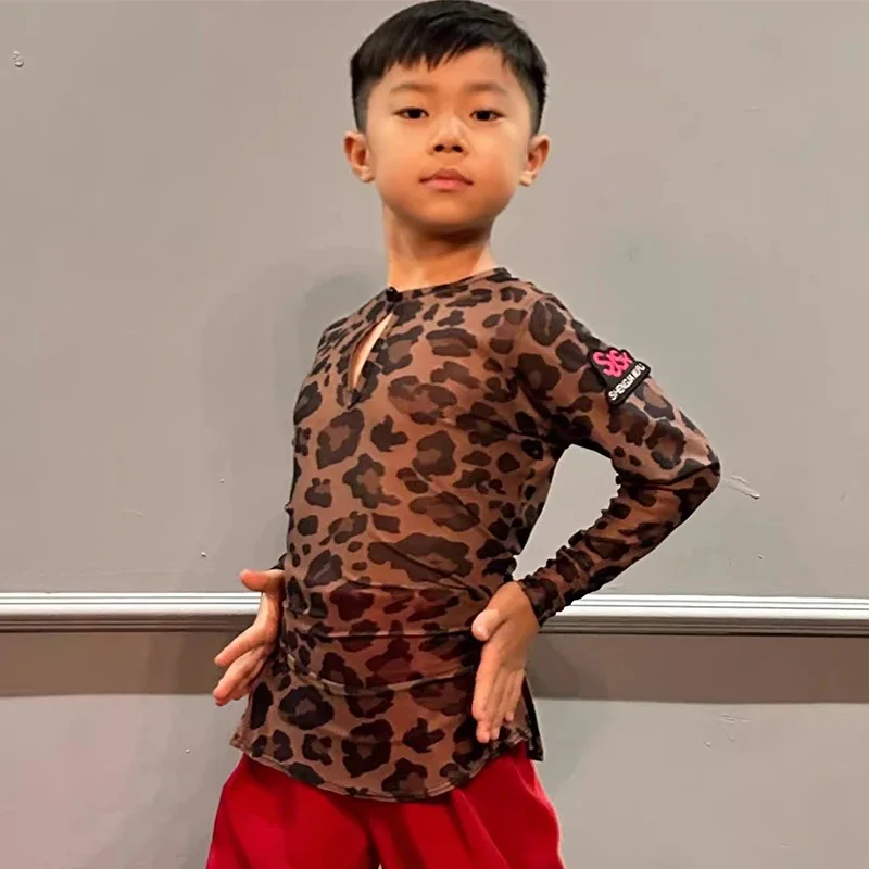 Danskleding Training Oefenkleding Nieuwe Jongens Latin Dance Tops Mesh Lange Mouwen Luipaard T-shirt Kids Cha Cha Rumba