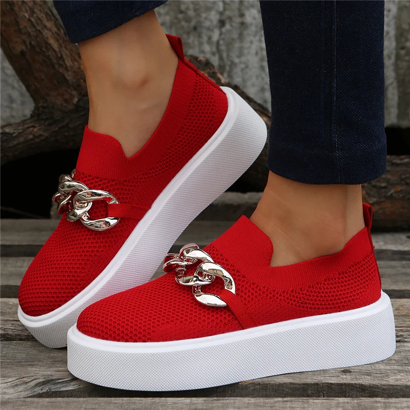 Flache Plateaus chuhe für Frauen Slip-On-Kette Damen Slipper Mesh atmungsaktive Socken Schuh lässig einfarbig 2024 Frühling Herbst neu