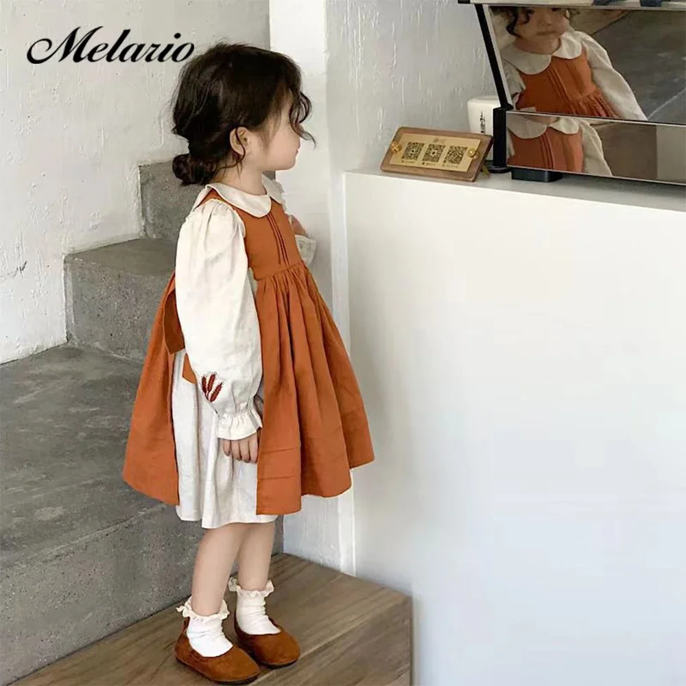 Melario 2023 Autumn New Dress Girls\' Vintage Sweet Embroidery Long Sleeve Polo Dress+Strap Strap Dress Fashion Two Piece Set