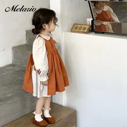 Melario 2023 Autumn New Dress Girls' Vintage Sweet Embroidery Long Sleeve Polo Dress+Strap Strap Dress Fashion Two Piece Set