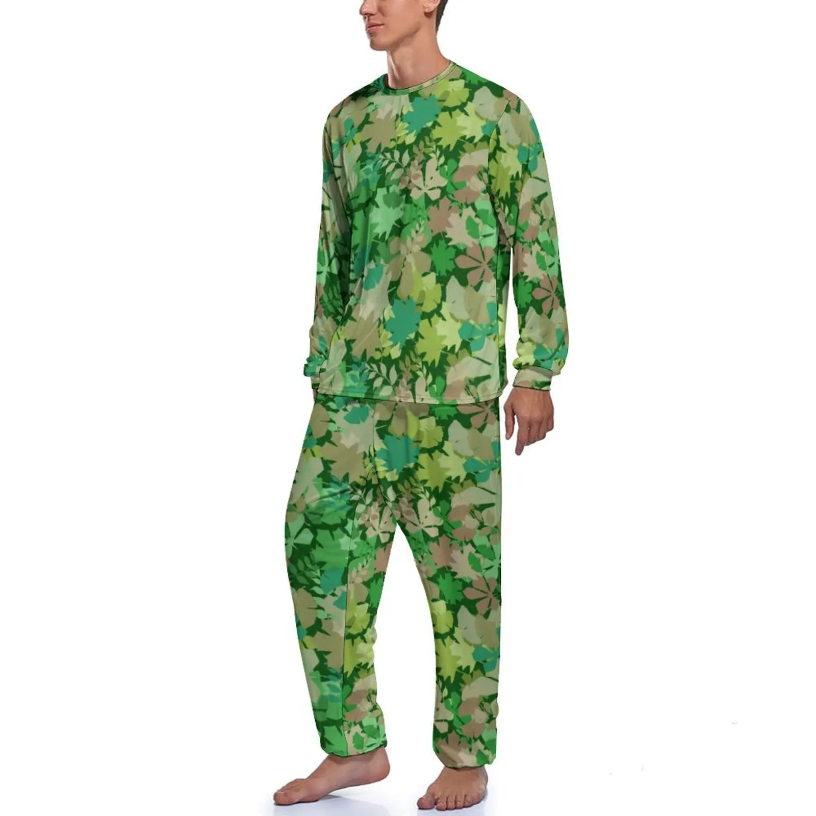 Leafy Forest Pajamas Man Green Leaves Print Fashion Home Suit Spring Long Sleeves Two Piece Casual Design Pajama Sets