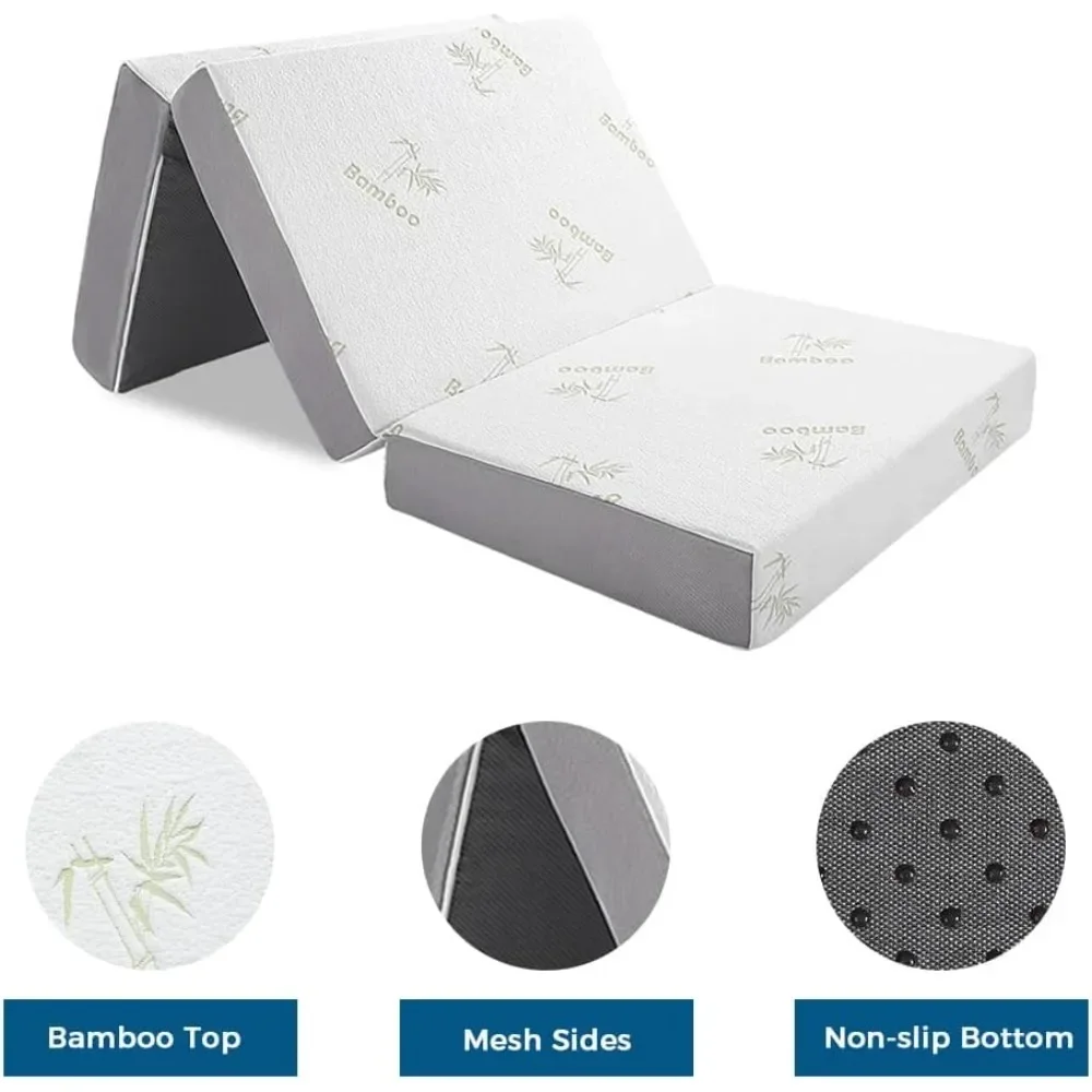 Folding Mattress, 6 Inch Trifold Memory Foam Mattress, Non-Slip Bottom & Breathable Mesh Sides, Foldable & Portable