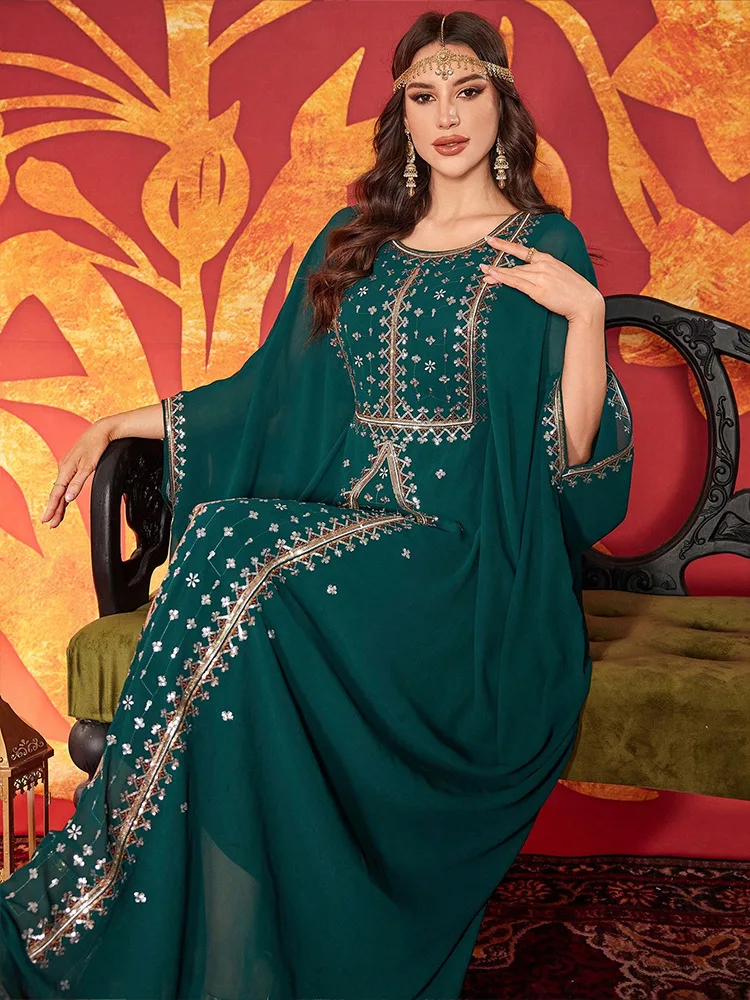 

Ид вышивка блестками рукав «летучая мышь» Абая мусульманское платье женский халат этнический Дубай марокканский кафтан Рамадан арабская исламская одежда