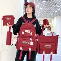 Conjunto de 5 piezas de colgantes gratis estilo bosque versión coreana mochila informal para estudiantes Harajuku para niñas de secundaria de gran capacidad