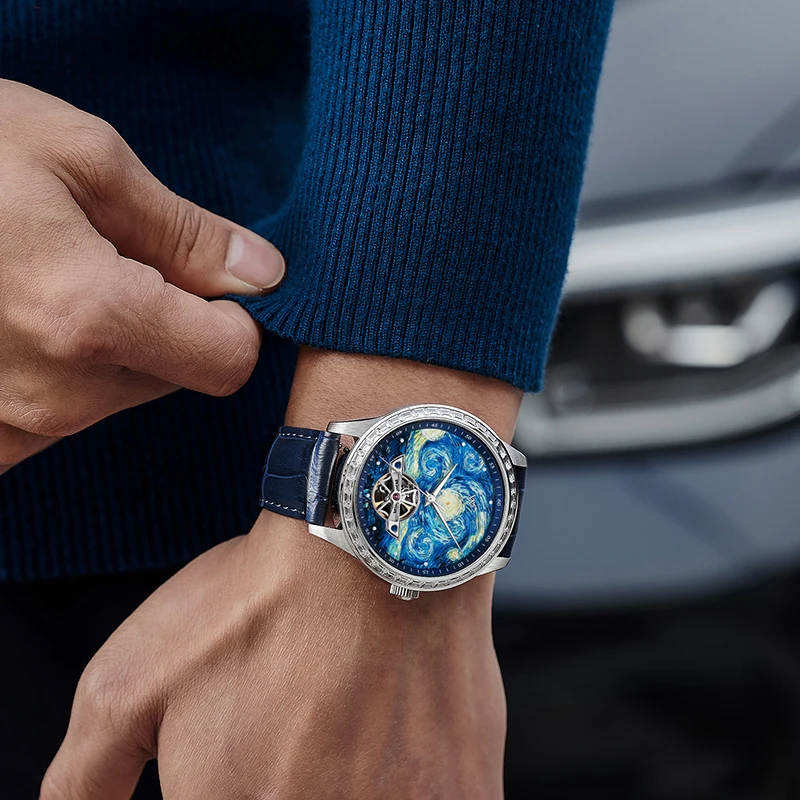 WM Watch High Quality Men Business Watches Automatic Mechanical Starry Night Oil Painting Series Skeleton WellyMerck Watch WM146