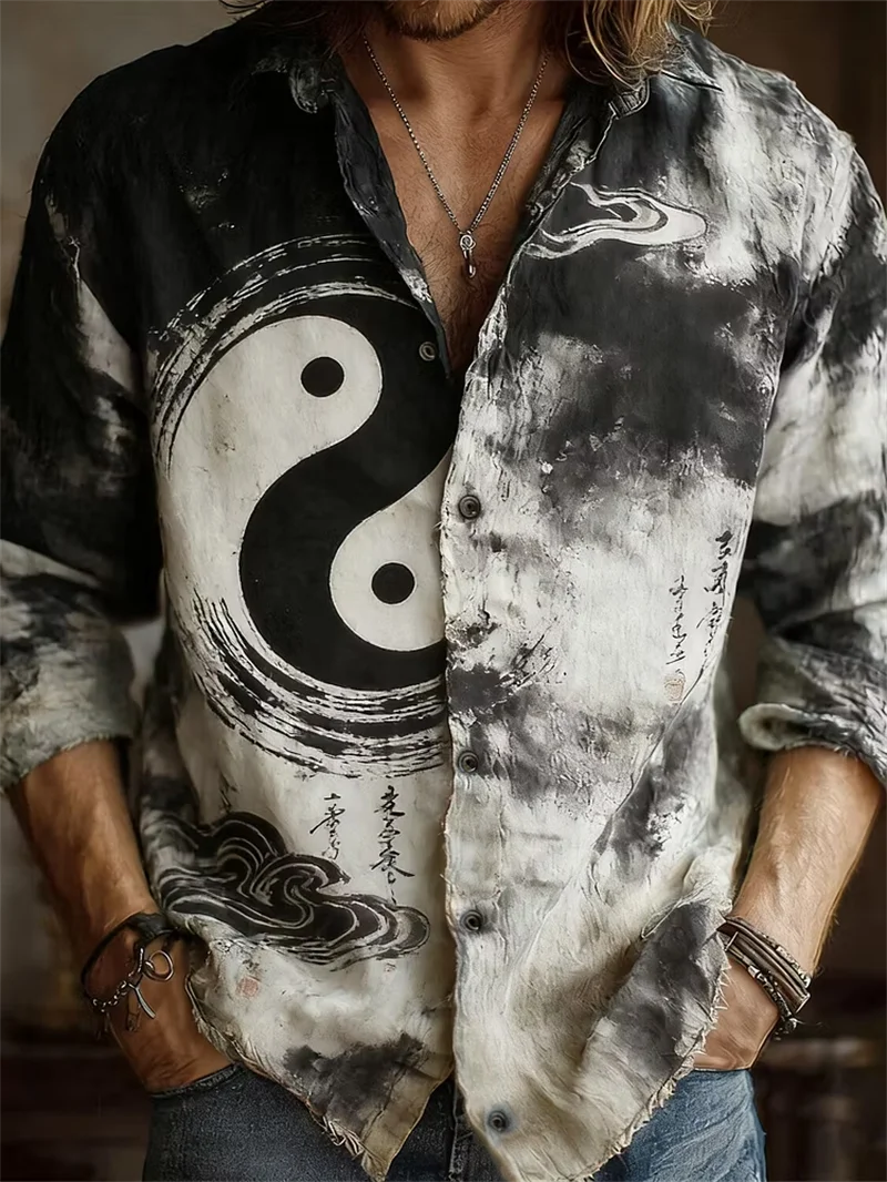 New Bohemian Style Sun and Moon Tie Dye 3D Printed Men's Long Sleeved Shirt Hippie Retro Vacation Casual Shirt