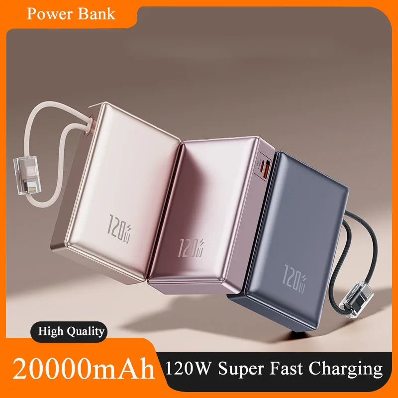 แบตเตอรี่สำรองแบบพกพา 20000mAh 120W ชาร์จเร็วพิเศษ พร้อมสายชาร์จในตัว สำหรับโทรศัพท์มือถือ