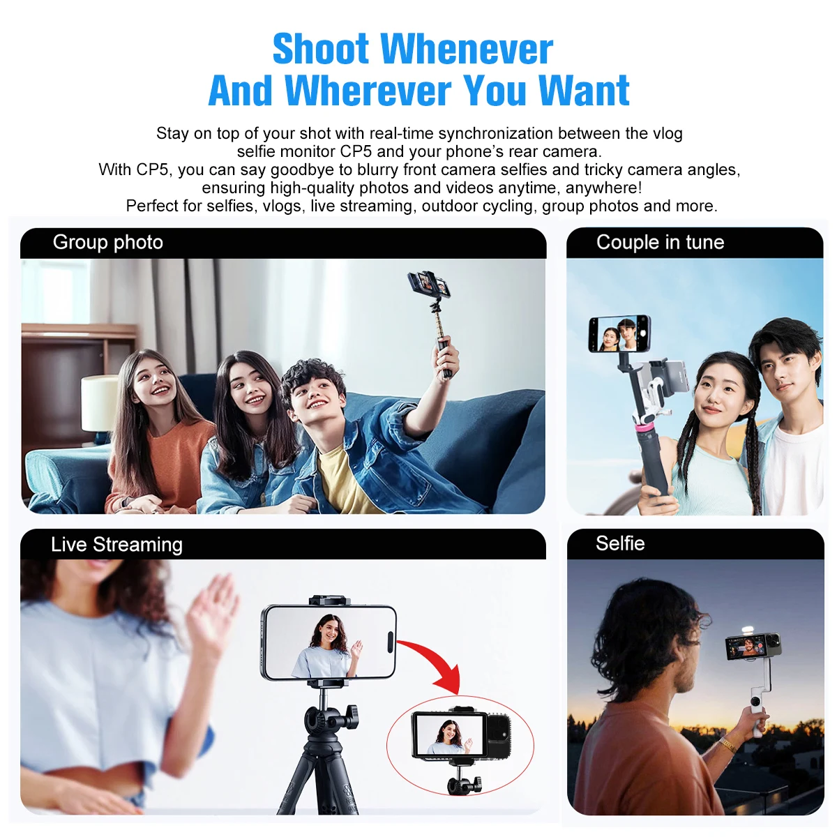 SHIMBOL CP5 Phone Selfie Monitor Screen, Using Rear Camera for TikTok Selfie Vlog Live Stream, Compatible with iPhone Samsung