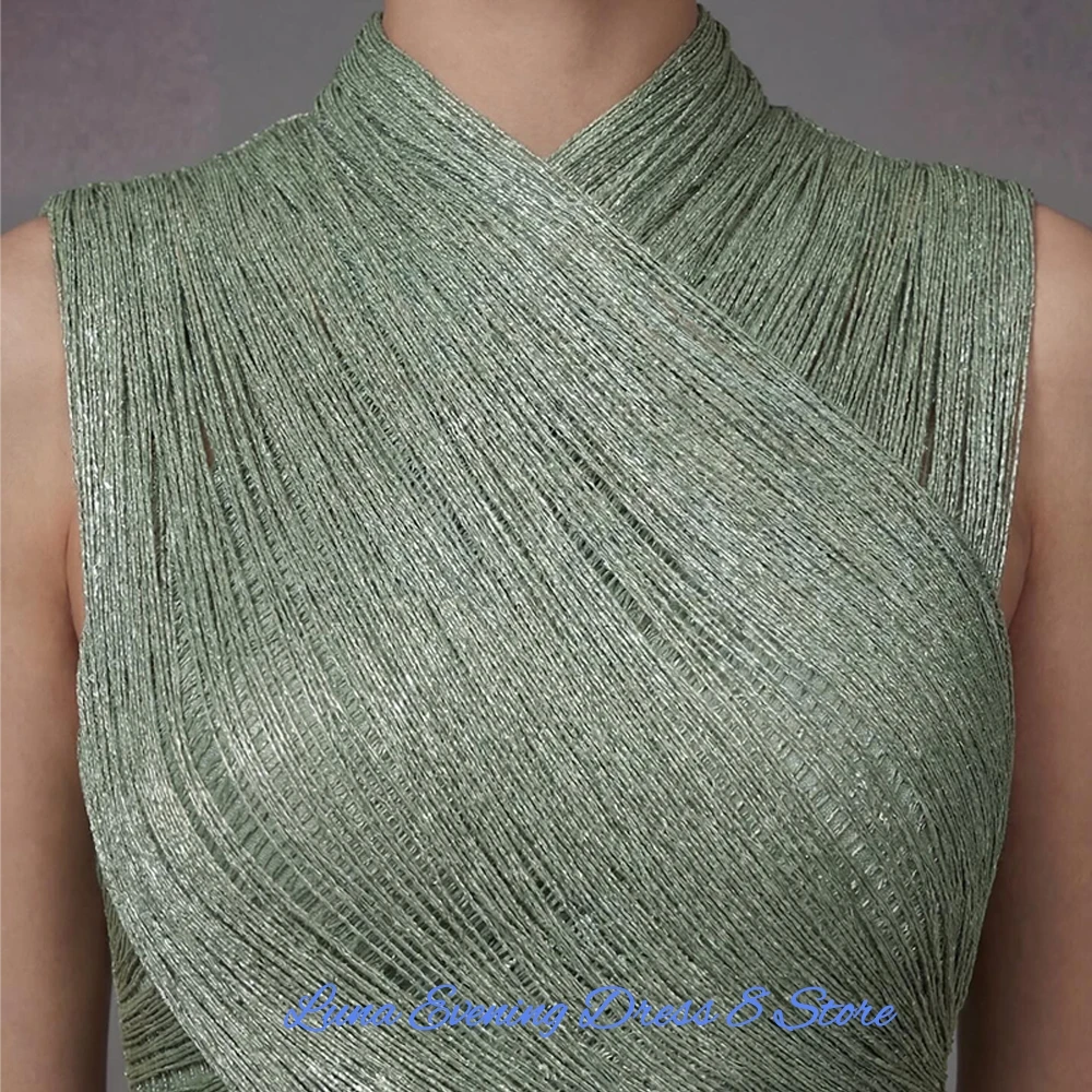 Modern Green Jersey Evening Dress Classic High Collar Sleeveless Customized Party Dresses Fashion Tassel Special Occasion Gowns image 5