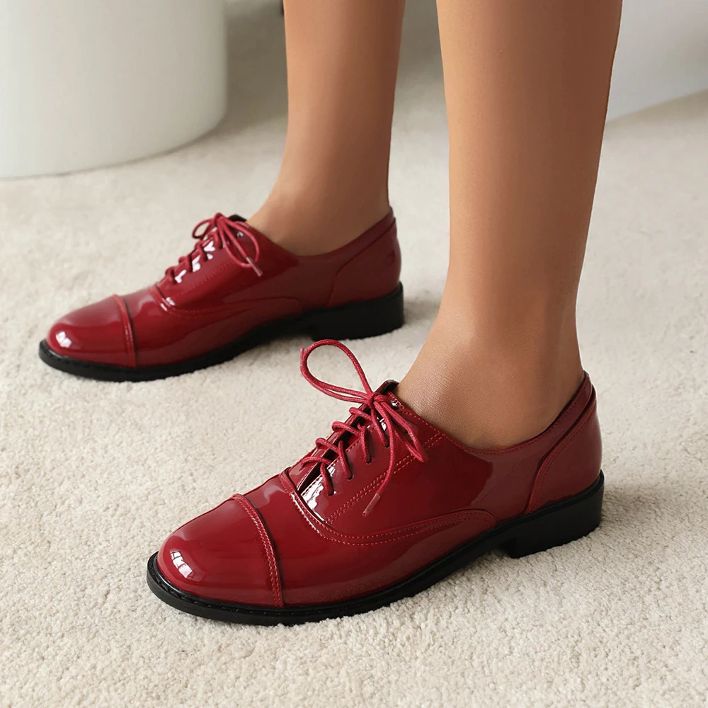 Womens Leisure Oxford Flat Shoes Woman Loafers Vintage Lace Up Round Toe Shoes Patent Leather Flats Female Zapatos De Mujer