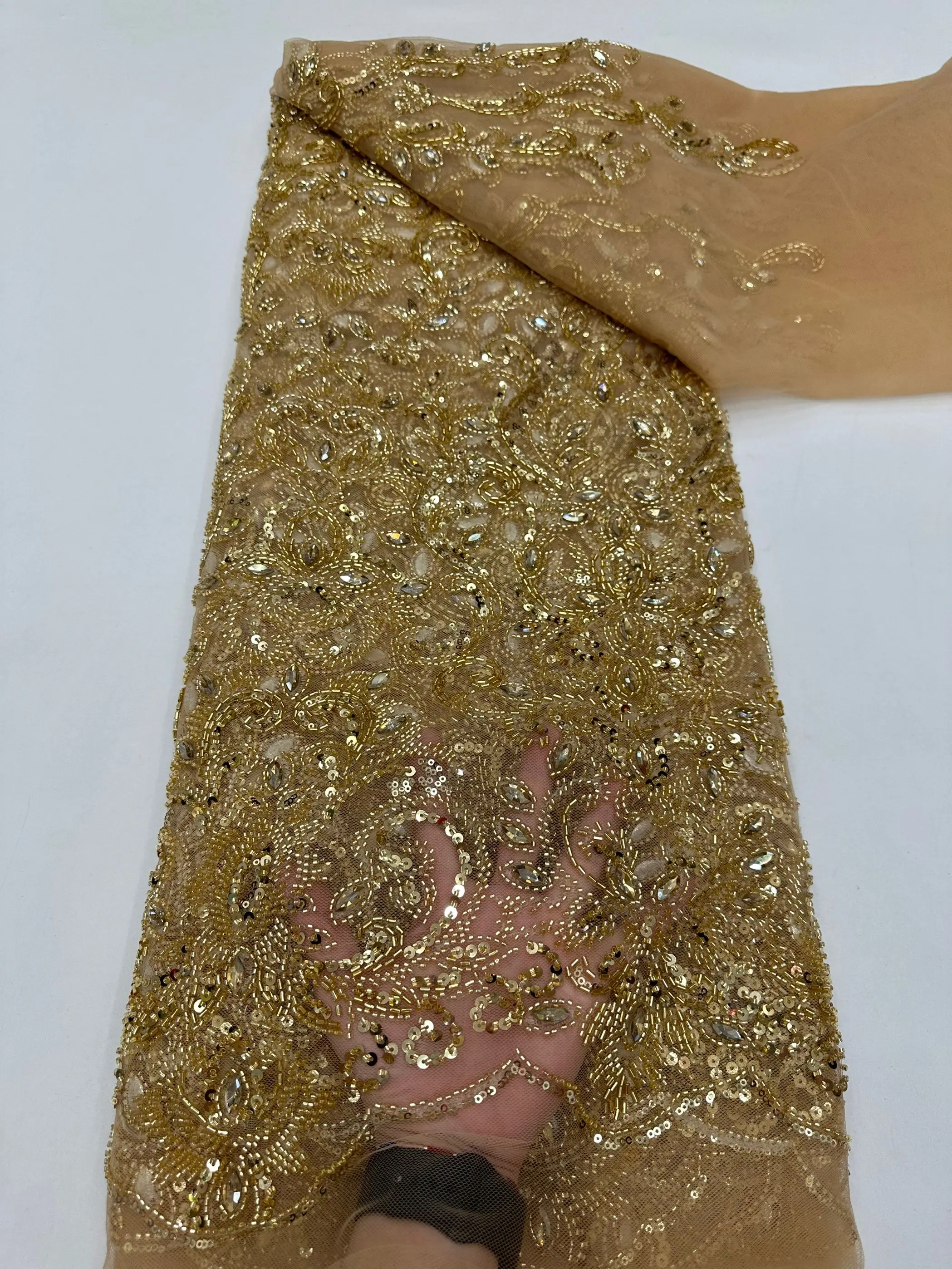 

Luxury Beads African Sequined Tulle,Sequins party Lace Fabric,High Quality rhinstones For Wedding Dress,Bridal fashion Sewing