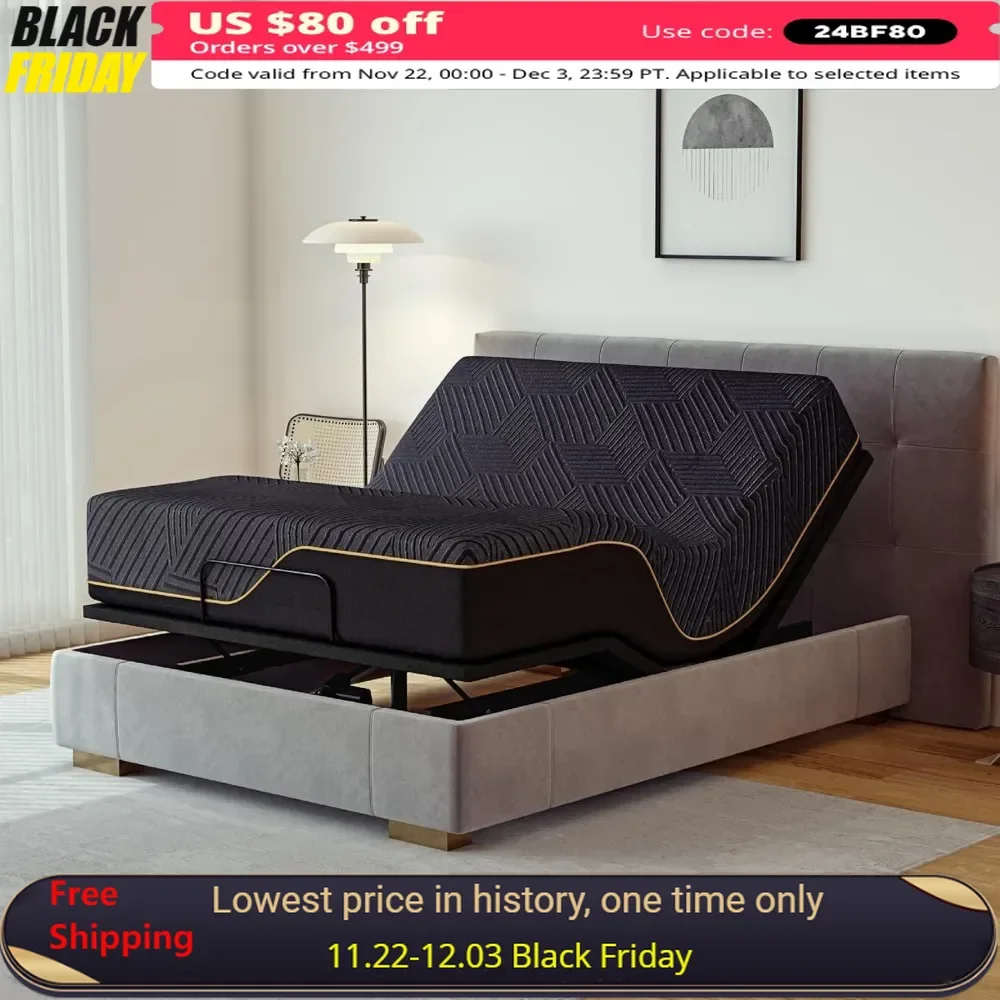 Queen Adjustable Bed Frame with 14 inch Copper Gel Memory Foam Mattress, Remote, Independent Head & Foot Incline, Metal Bed Base