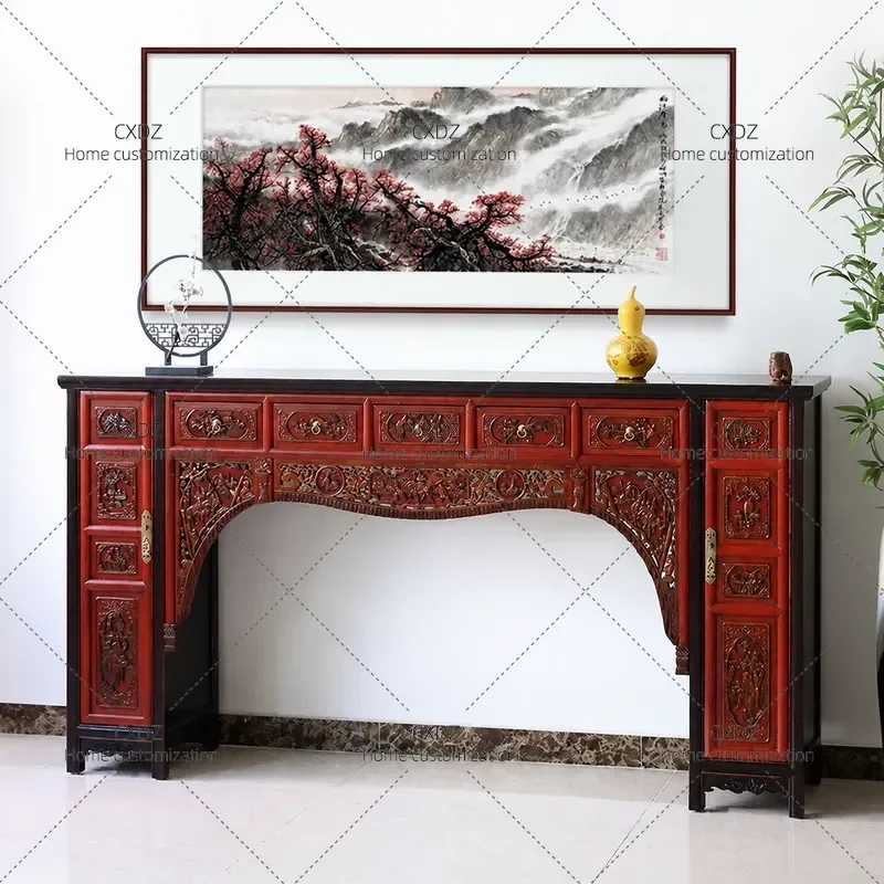 Ming Qing Style Antique Gold Lacquer Wood Carving Flower Pattern Solid Wood Flat Head Case Table Retro Entryway Console