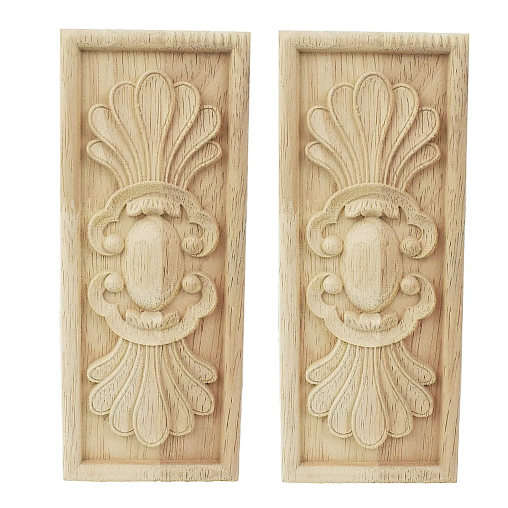 

2PCS Woodcarving Floral Decoration Rectangle Wood Applique Patch Carved Flower Bed Furniture Cabinet Figurine Desk Decoration