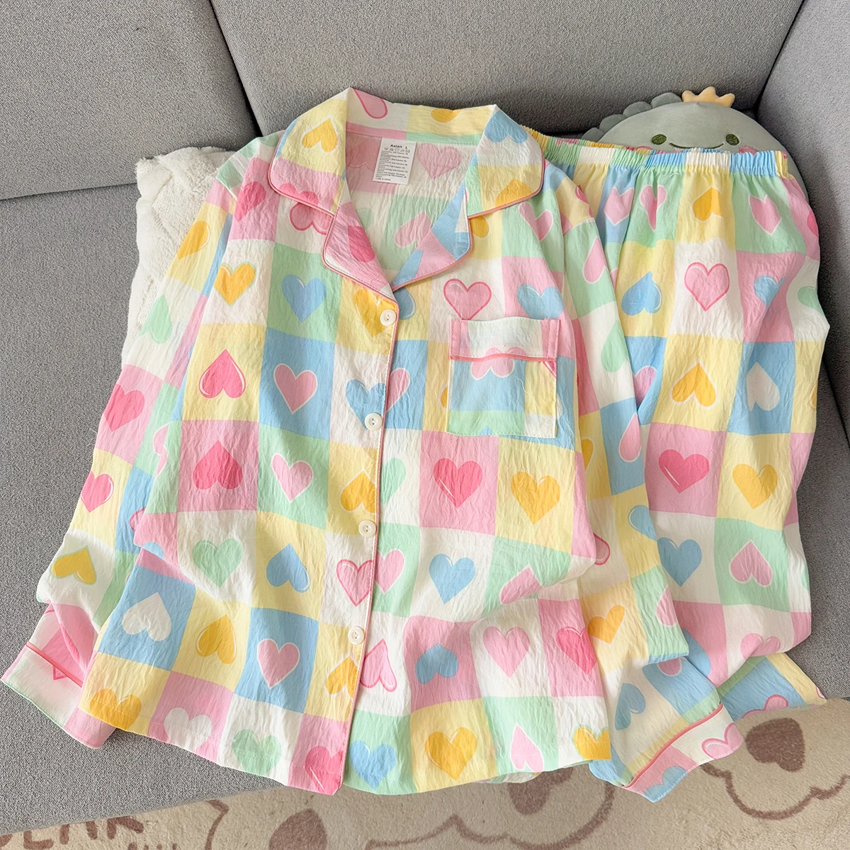 Spring and Autumn New Colorful Heart-Patterned Plaid Long-Sleeved Long-Pants Pajama Set for Women, Sweet Home Wear Two-Piece Set
