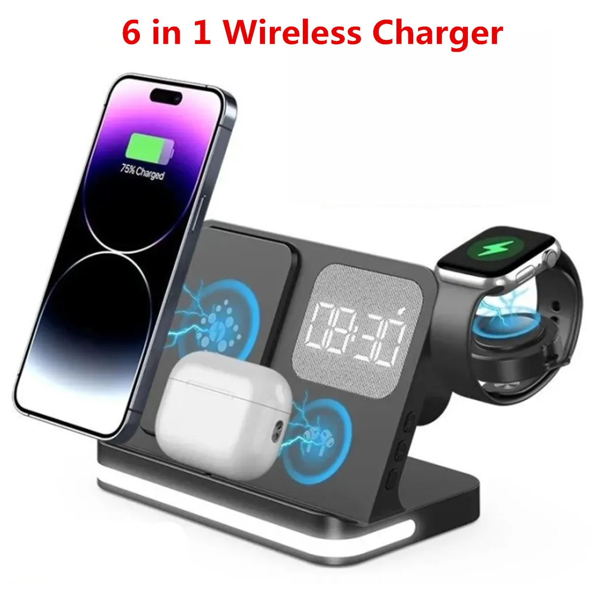 

6 in 1 Wireless Charger Stand 15W Wireless Fast Charging Dock Station for iPhone Samsung Xiaomi Huawei Phones Iwatch Airpods