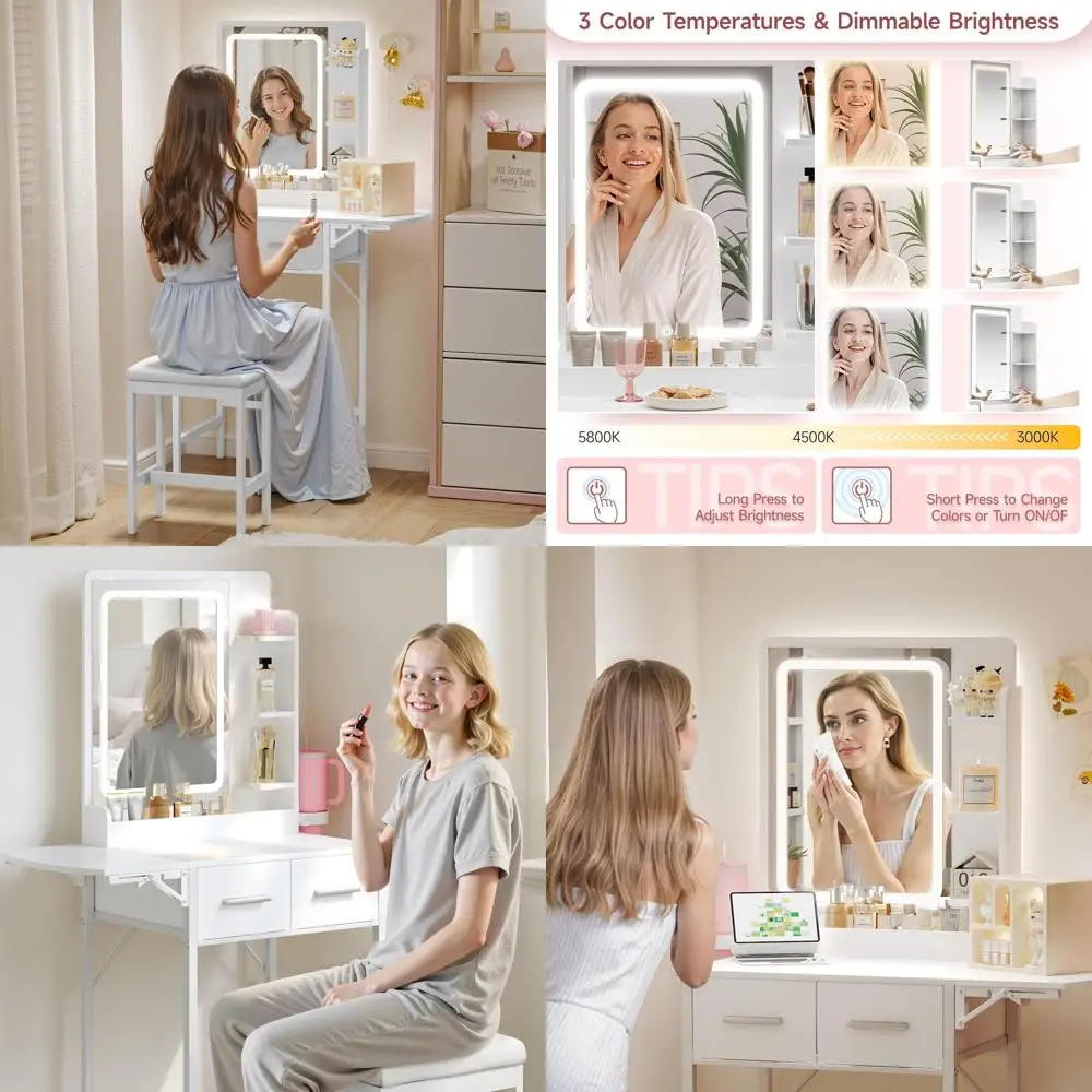 Meja Rias Kompak dengan Cermin untuk Ruang Sempit: Set Meja Mini Putih untuk Kamar Tidur Anak Perempuan