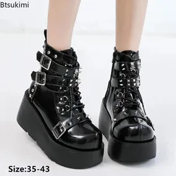 2024 Ladies Wedges High Heels Boots Metal Decor Buckle Punk Platform Females Boots Party Gothic Street Woman Shoes Knight Boots