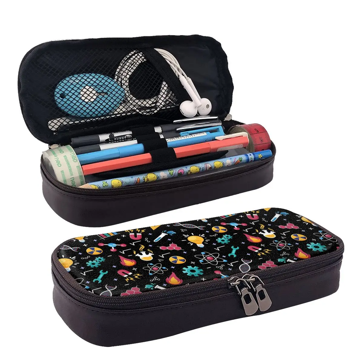 STEM Icons Science Engineering Leather Pencil Case for Studen Gifts Pen Box Pencil Bag Stationery Supplies Pen Holder Bag