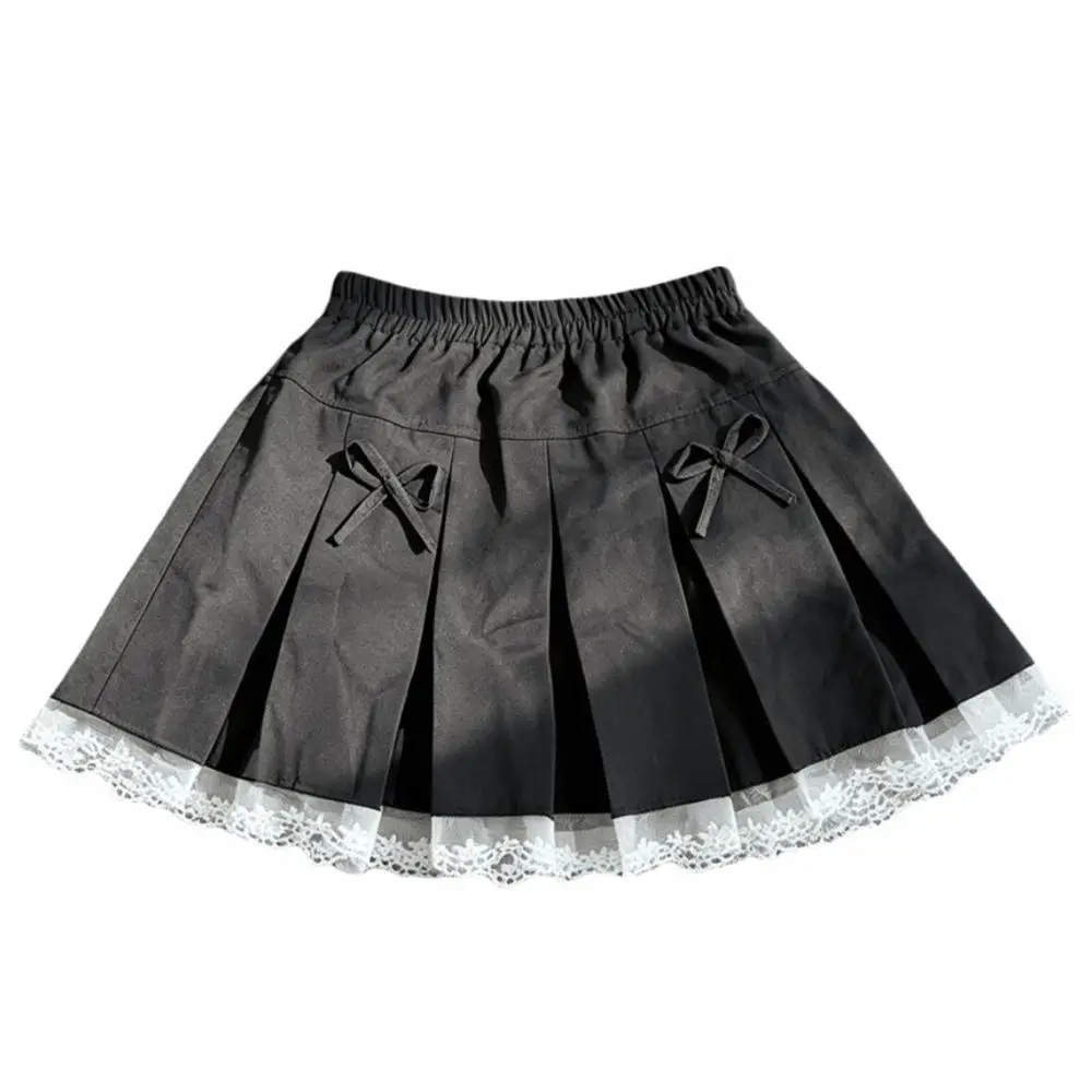 Bowknot Girl Pleated Skirt Black Grey Pleated Design Kids Uniform Skirt Uniform Style Lacw Edge Lolita Skirt Summer Autummn