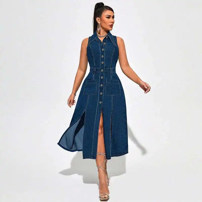 

218518 Plus Women's Denim Cardigan Sleeveless Slit Long Dress Sexys Chic Dresses 2025 Summer Dress Robe Vestido Women Party