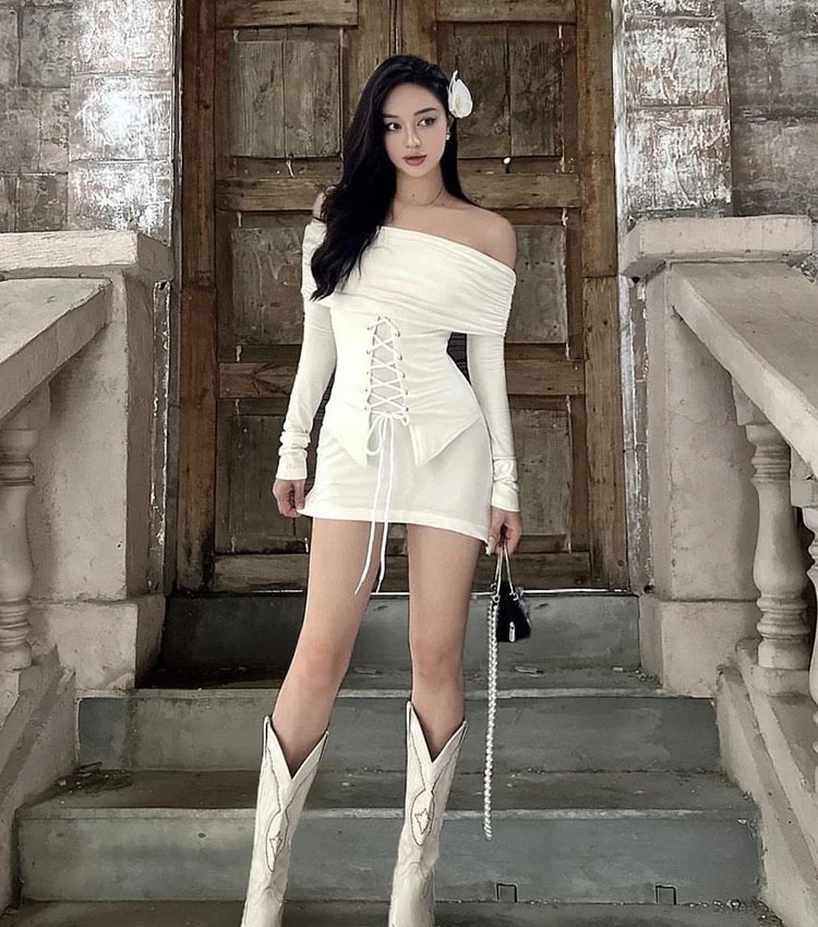 

Белое мини-платье на шнуровке с открытыми плечами для женщин, летняя хипстерская жилетка на груди с запахом, корректирующая фигуру, полночная праздничная одежда