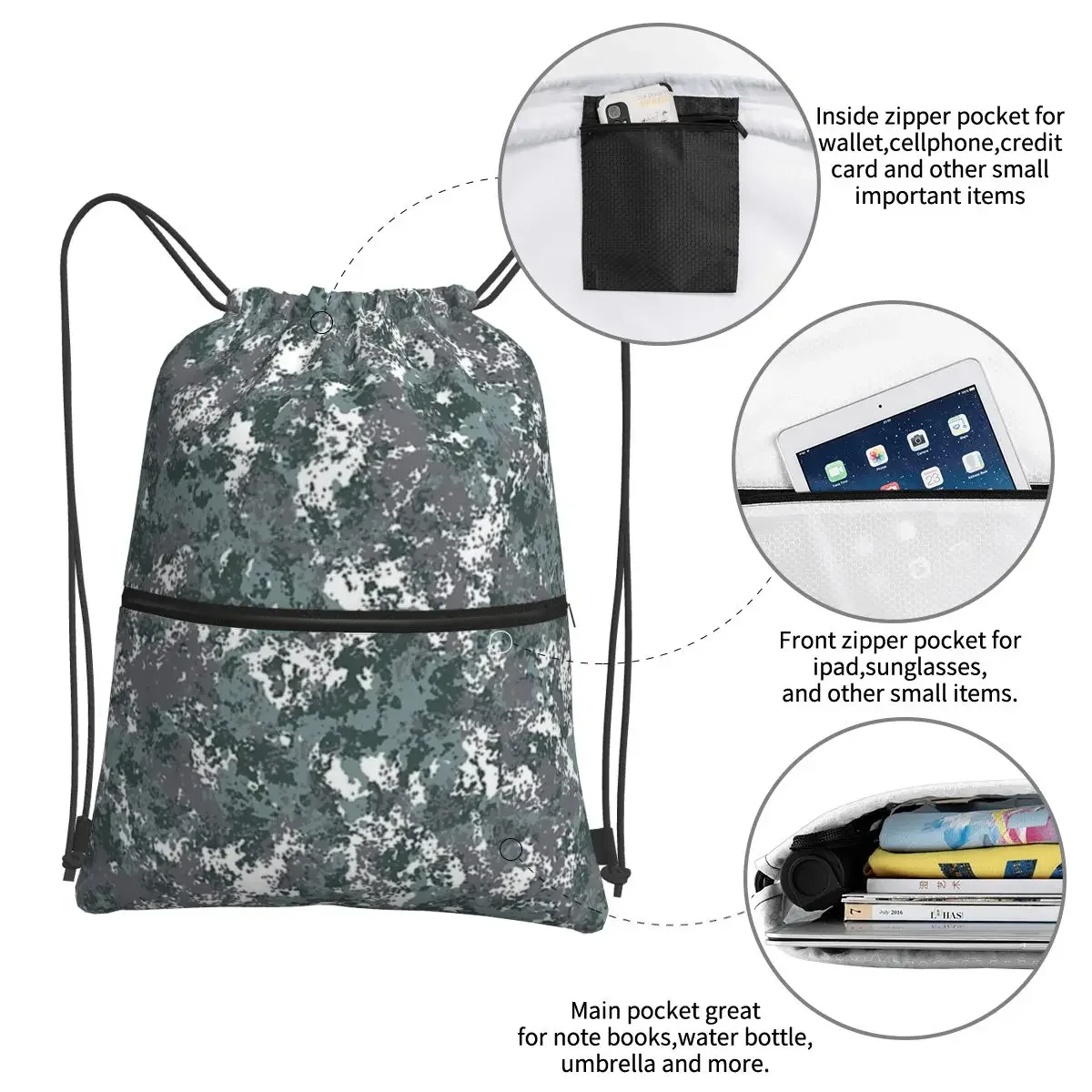 Fleckkin-Mochilas portáteis com cordão, bolso multifuncional, sacos de armazenamento para estudantes escolares, camuflagem