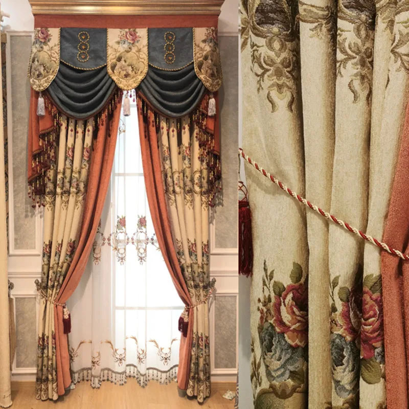 

European Chenille Luxury Curtains for Living Room Dining Room Bedroom Splicing New Textured Jacquard Gauze Valance Custom-made