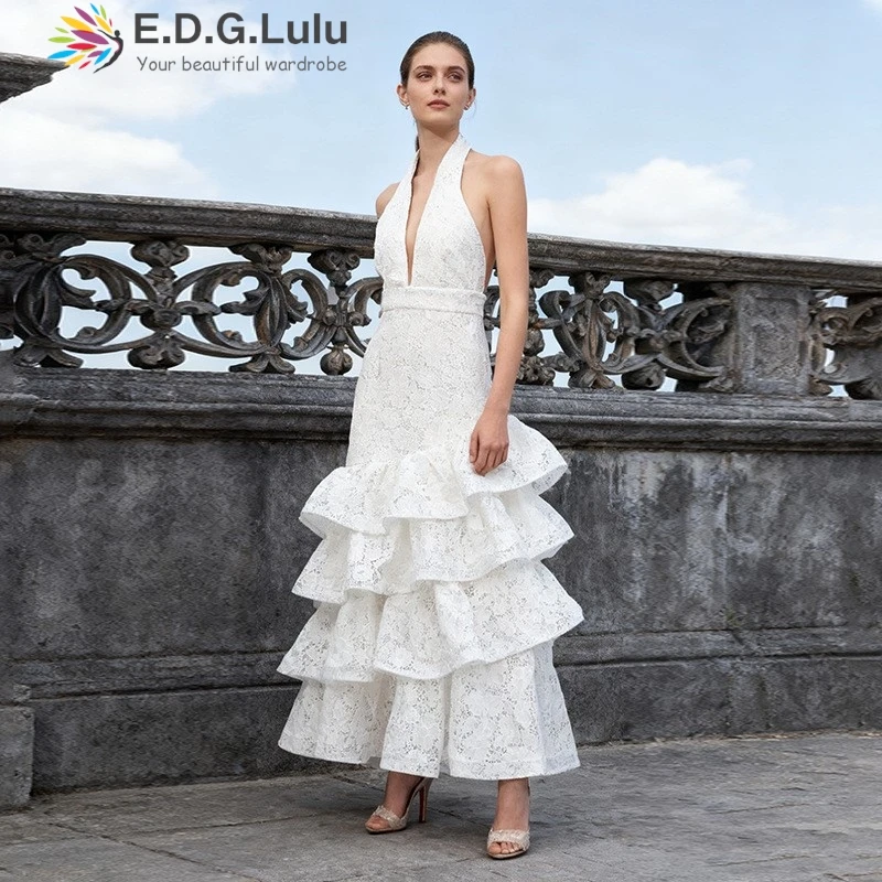 Edglulu oco bordado renda em camadas folha de lótus borda luxo vestido de aniversário mulher com decote em v sem costas festa longo vestido de noite 1013