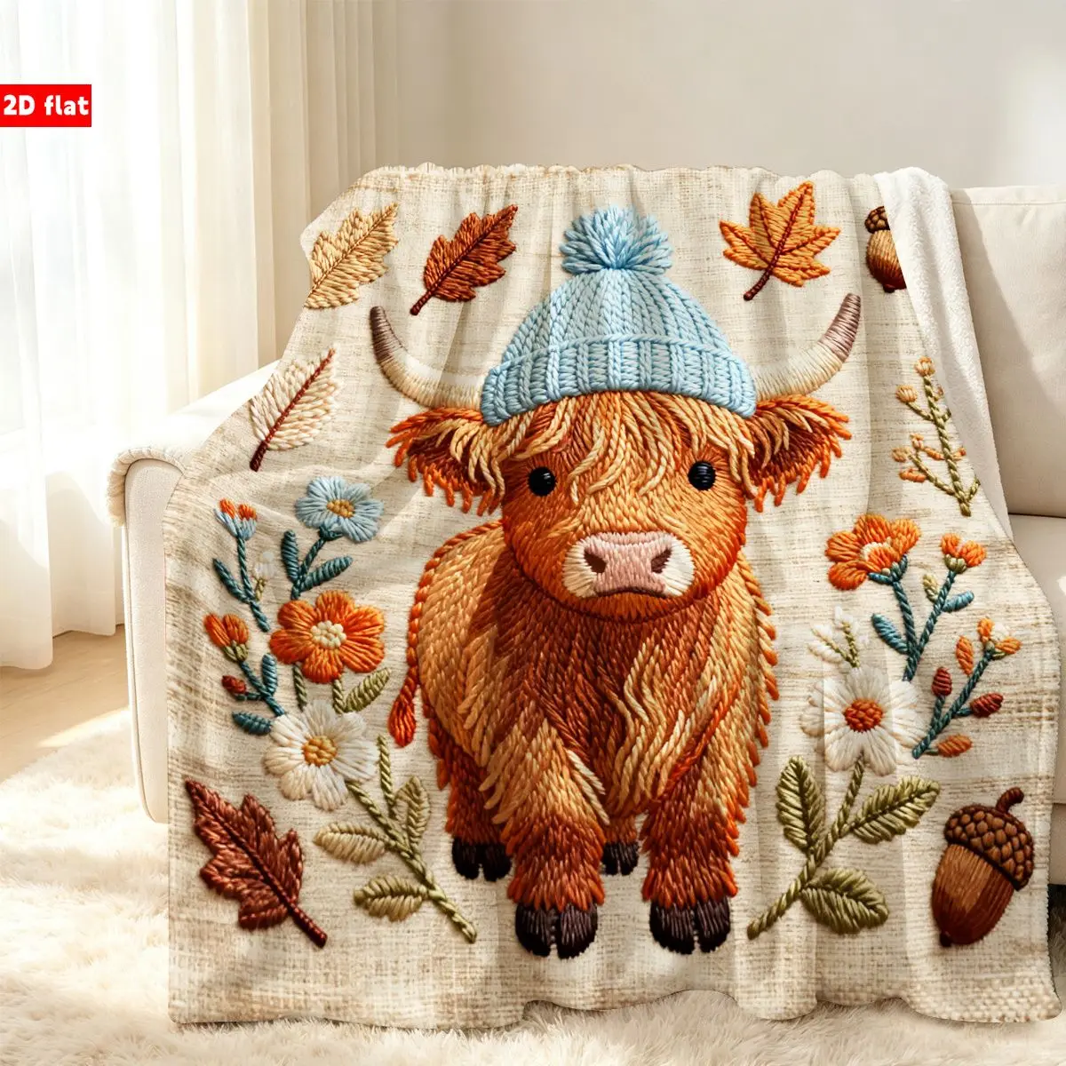 Soft Throw Blanket with Highland Cow Floral, Cozy for Bedroom Couch