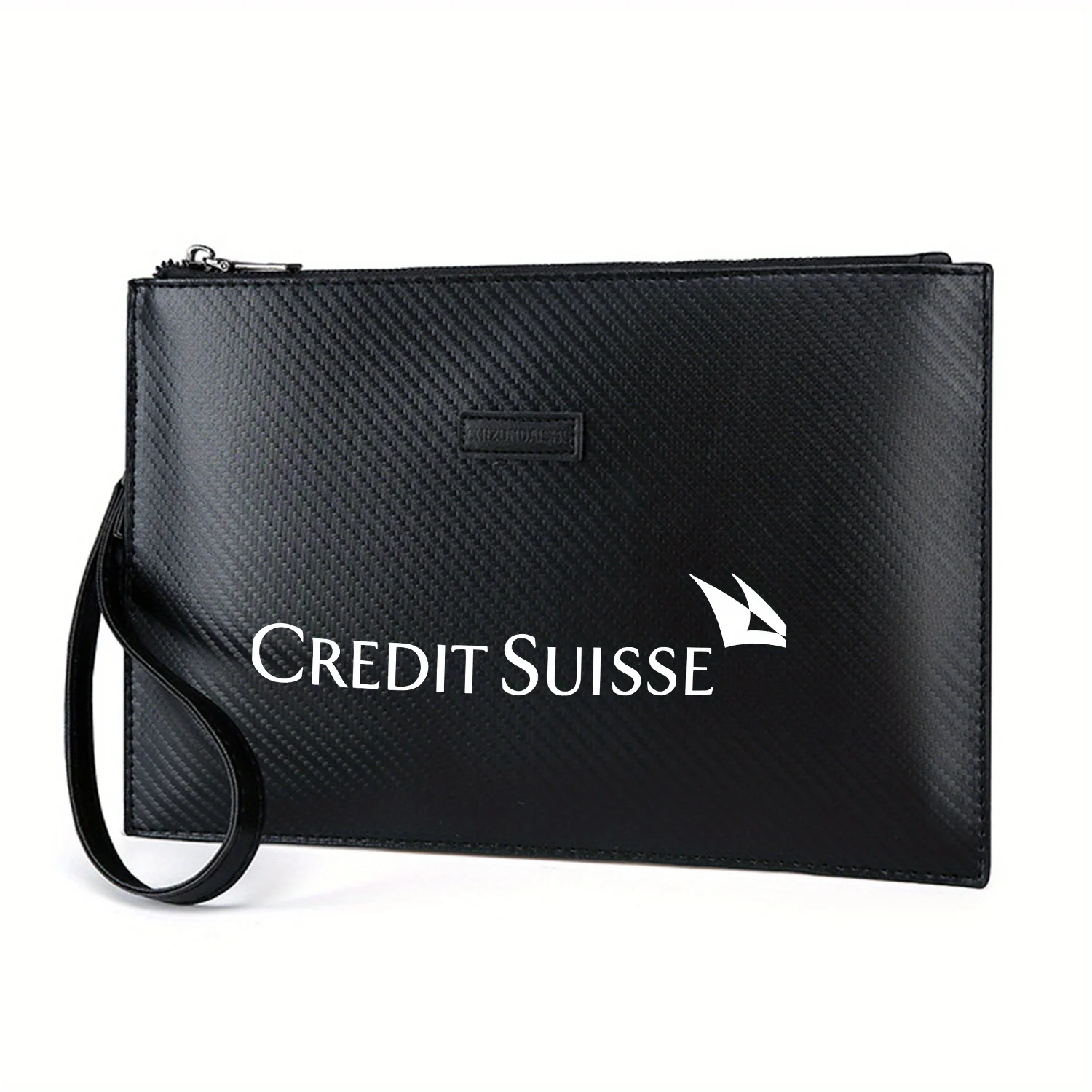 クレディ・スイスの白いロゴ、黒の背景、エレガントなプリントのPUメンズハンドバッグ、日常の持ち運びにファッショナブルで実用的