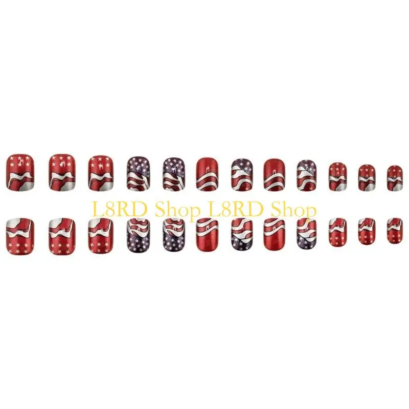 L8RD 7 月 4 日マニキュアネイルデコレーションアクリルスティック爪にショートスクエア偽ネイルスティック爪アート愛好家のための 24 個