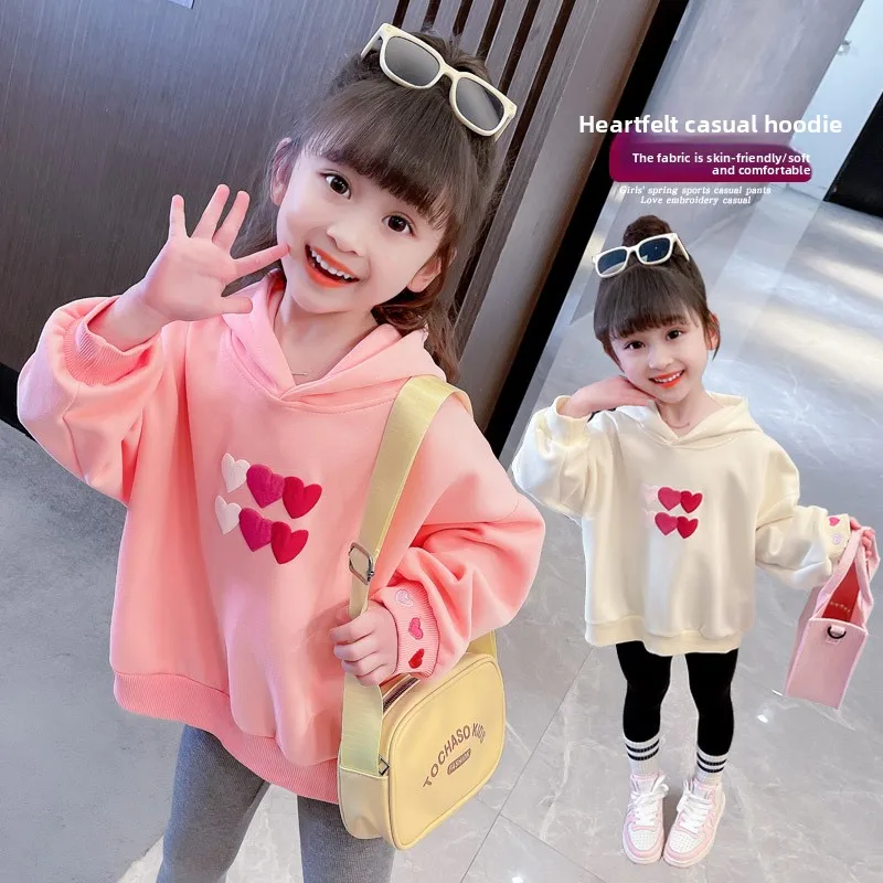 2026 Spring and autumn children's hoodie girls solid color full print love pullover long sleeve casual comfortable lovely shirt