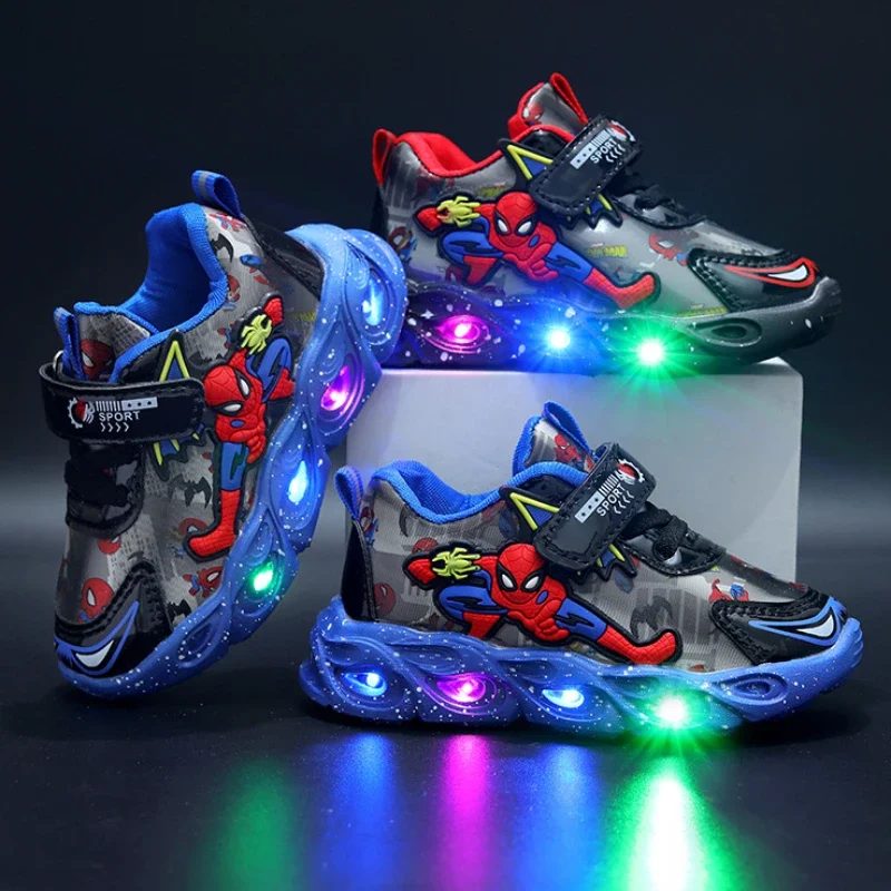 Disney LED Casual Cartoon Sneakers for Boys Spiderman Leather Outdoor Shoes Children Cute Lighted Non-slip Shoes Size 21-30