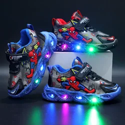 Disney LED Casual Cartoon chłopięce buty sportowe typu Sneakers Spiderman skórzane buty outdoorowe dzieci słodkie podświetlane buty antypoślizgowe rozmiar 21-30