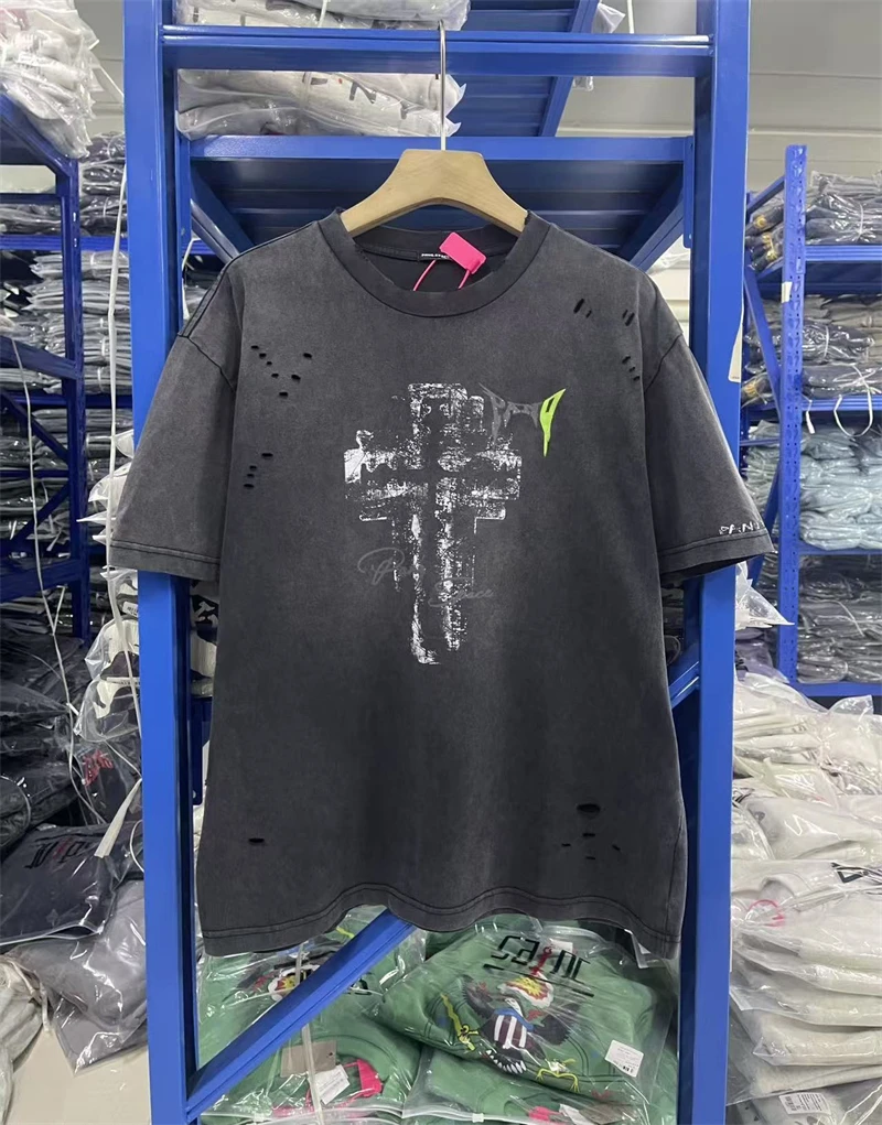 New PANQ 25SS Washed Damaged Blade Logo Printed Short Sleeve High Street Street Leisure Vintage Pure Cotton Round Neck T-shirt