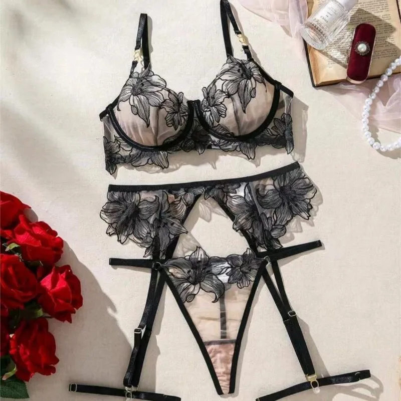 Tornova Embroidery Floral Sexy Underwear Set Slim Exposed Navel See-through Hollow Out Patchwork Interesting Lace Underwear Set - Image 6