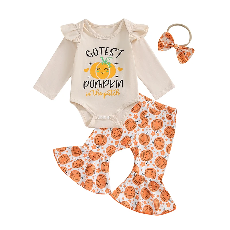 

Baby Girls Fall Outfit Long Sleeve Romper with Pumpkin Print Flare Pants and Headband Halloween Clothes