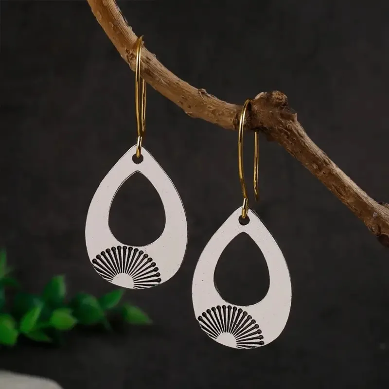 BKBK Gold Hook White Hollow Teardrop Black Sunburst Print Dangle Women Earrings Wedding Earrings for Valentine Mother's Day Minimal Bohemian Bridal Jewelry for Brides Bridesmaids Adult Ladies Beach Daily Party Occasion