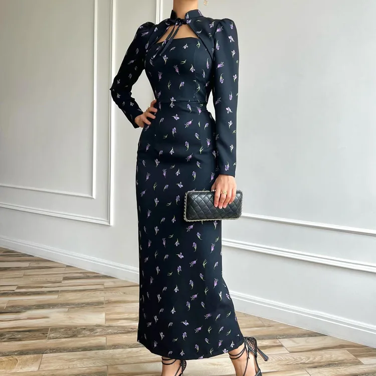 French Style Stand Collar Tie Printed Long Sleeve Dress for Women Elegant Waist-cinching Slit Bodycon office lady Long Party