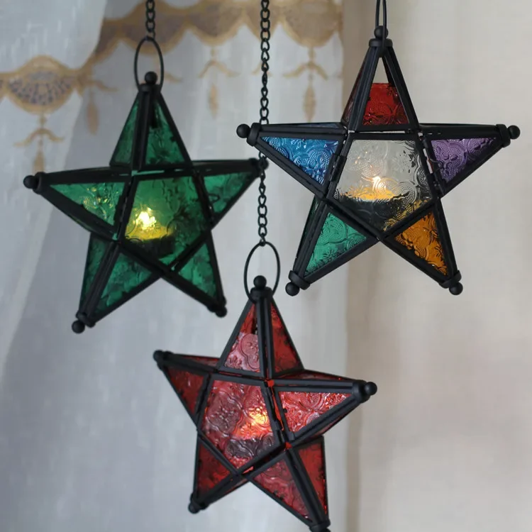 Antique Iron Art Stained Glass Wind Lamp Candle Holder Pentagonal Windproof Candlestick Morocco Bar Decoration Star Candlestick