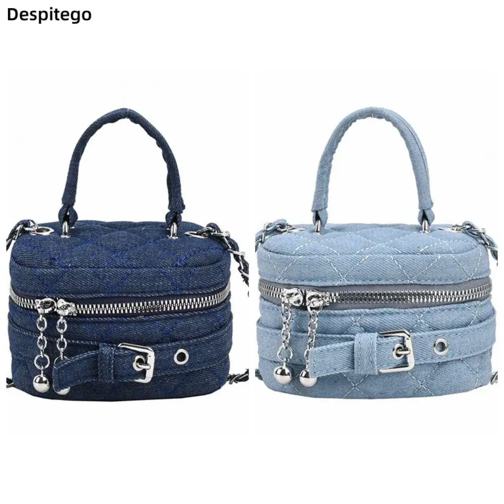 

Fashion Lingge Denim Bucket Bag Chain Shoulder Crossbody Bag Trendy Handbag Women Small Lipstick Bag Coins Purses