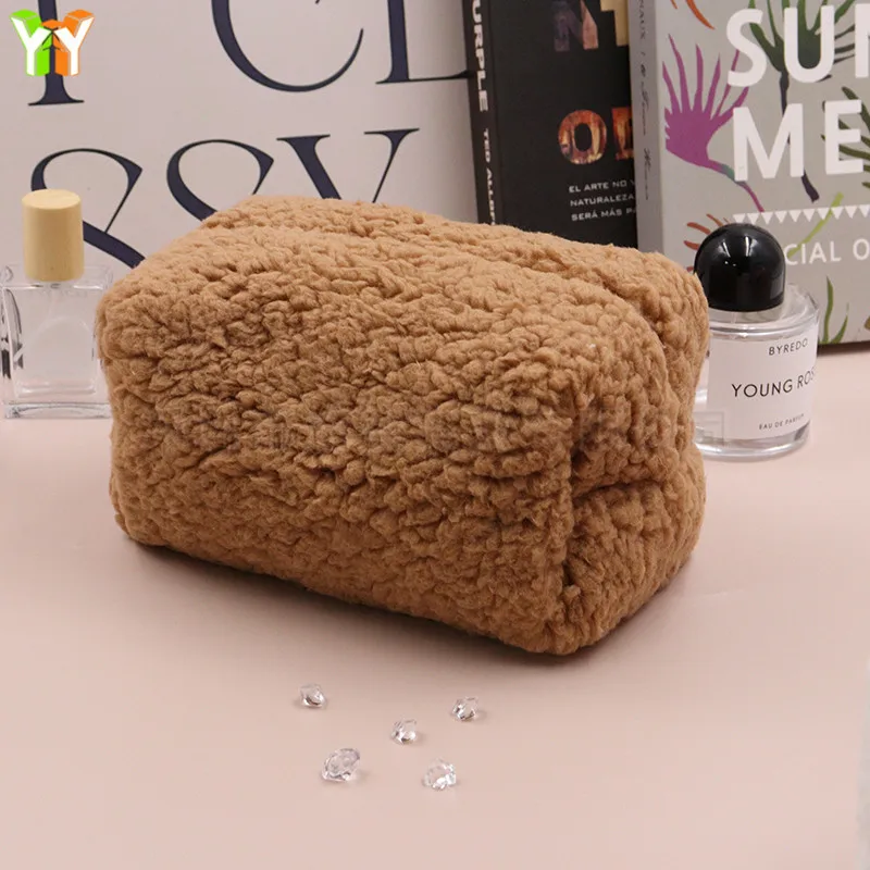 Lamb Cashmere Makeup Bag, Cream Color, Portable Skincare Storage Bag, Small Fresh Cosmetic Zipper Bag