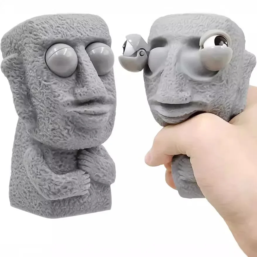 Brinquedo anti-stress 1A/Stone Man: Estátua Moai macia com olhos que abrem e fecham, expressão interessante, relaxa e alivia o estresse para crianças.