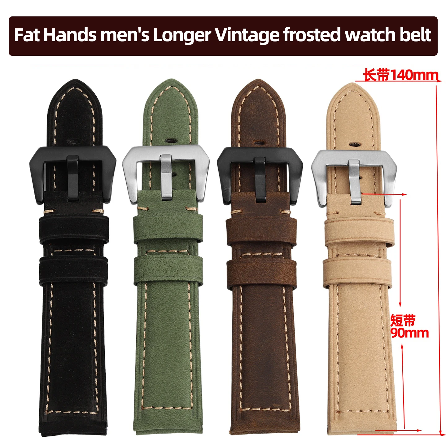 أكبر المعصم تطول حزام الرجال الرجعية جلد البقر 22 مللي متر 24 مللي متر الدهون الأيدي الرجال أطول خمر متجمد حزام ساعة التكيف مع أي ساعة