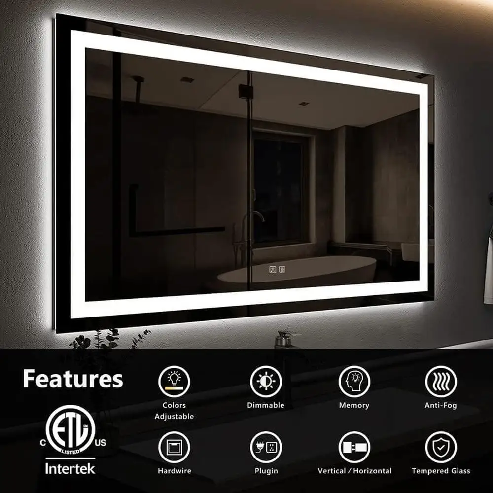 42x30 LED Bathroom Mirror with Front and Backlit Anti-Fog 3 Colors Dimmable Glass Aluminium Defogger Control Shatterproof ETL