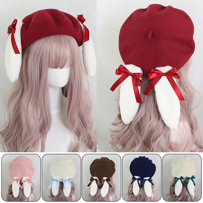 Japanese Style Sweet Berets Fluffy Cute Lop-eared Rabbit Hat Lace Lolita Lolita Earmuffs Cap All Match Winter Plush Warm Hat