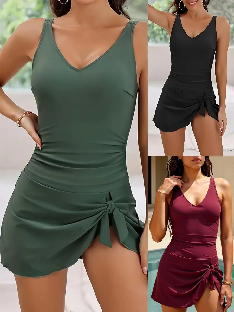 

Women Tankini Swimsuit Sleeveless V Neck Swimwear Ruched Waist Swimsuit Asymmetrical Hem Bathing Suit