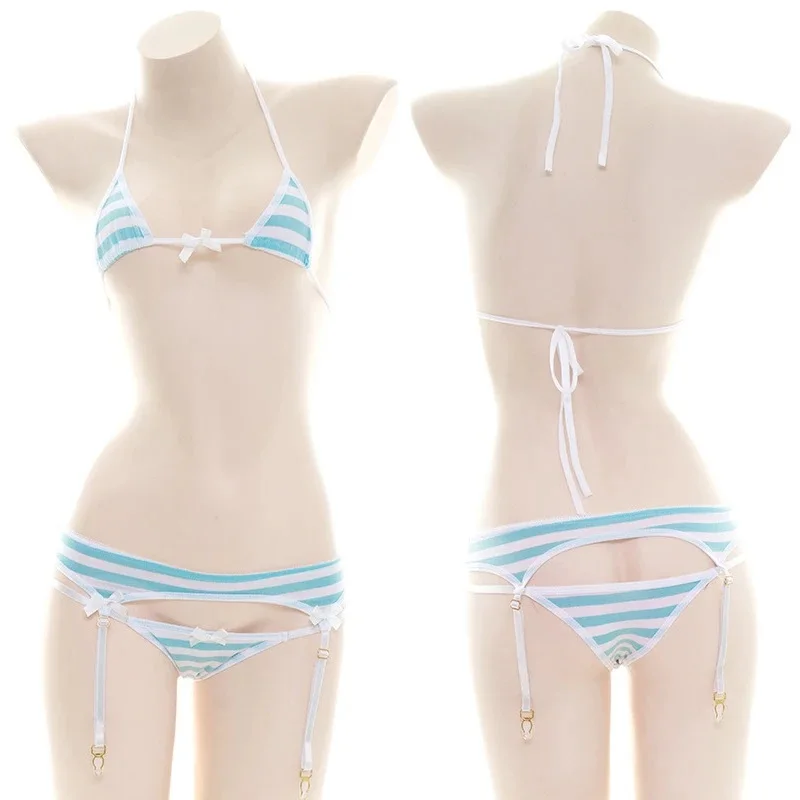 AniLV Japanese Student Cute Striped Underwear Set Sexy Lingerie Beach Bikini Three-Point Bow Bra Panty Set Erotic Costumes